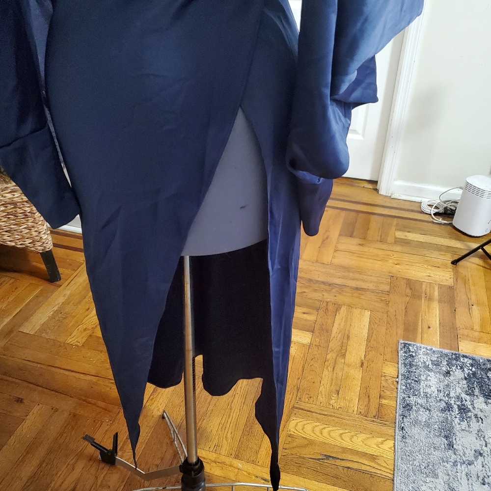 Loaded Navy Blue Asymmetrical Midi Dress Women's Draped Cape Sleeve High Low Sm - Picture 7 of 8